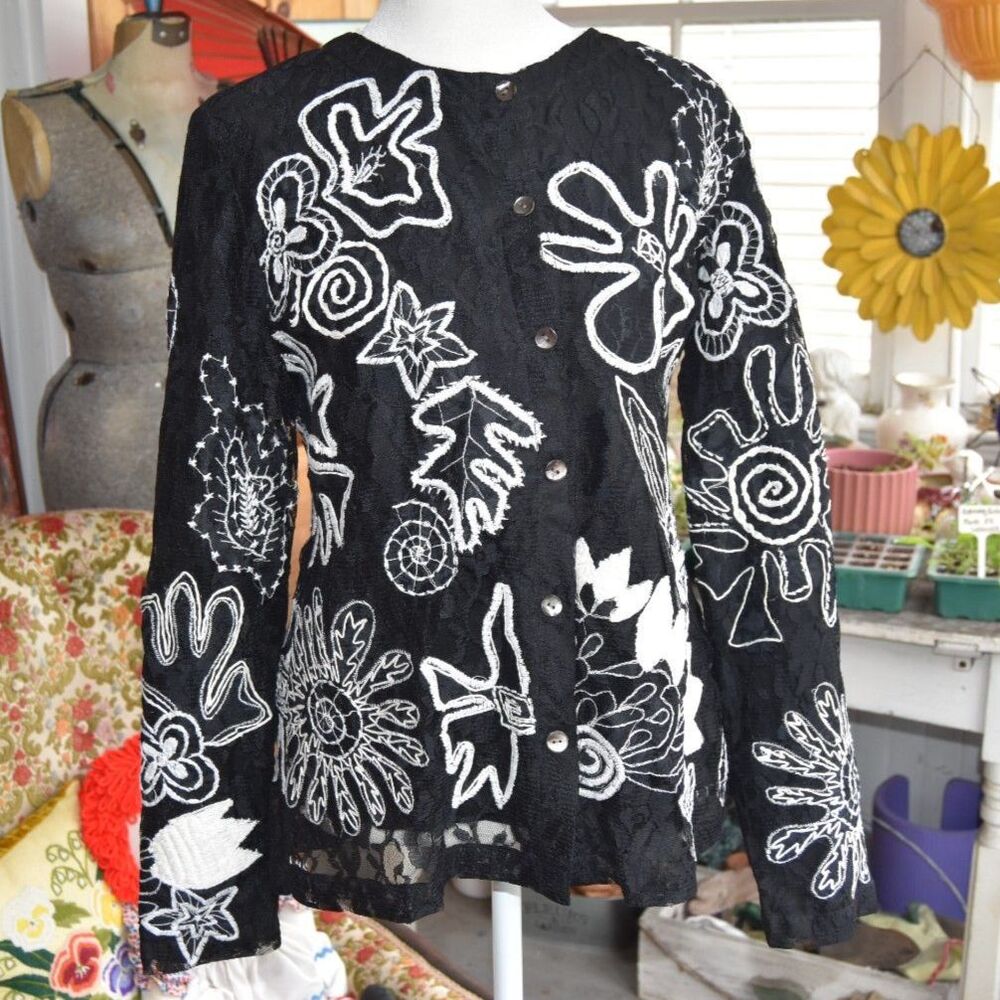 Y2K Laura Ashley Embroidered Lace Boho Cardigan Top Black White S